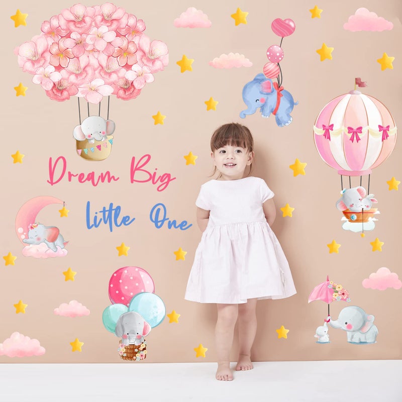 KOKOLAP Dream Big Little One Wall Stickers,Pink Elephant Wall Decals Nursery Decor,Flowers Hot Air Balloon Wall Sticker Baby Girl Room Decor,Cloud Stars Wall Decal for Kids Room Bedroom Playroom Decor - Image 3